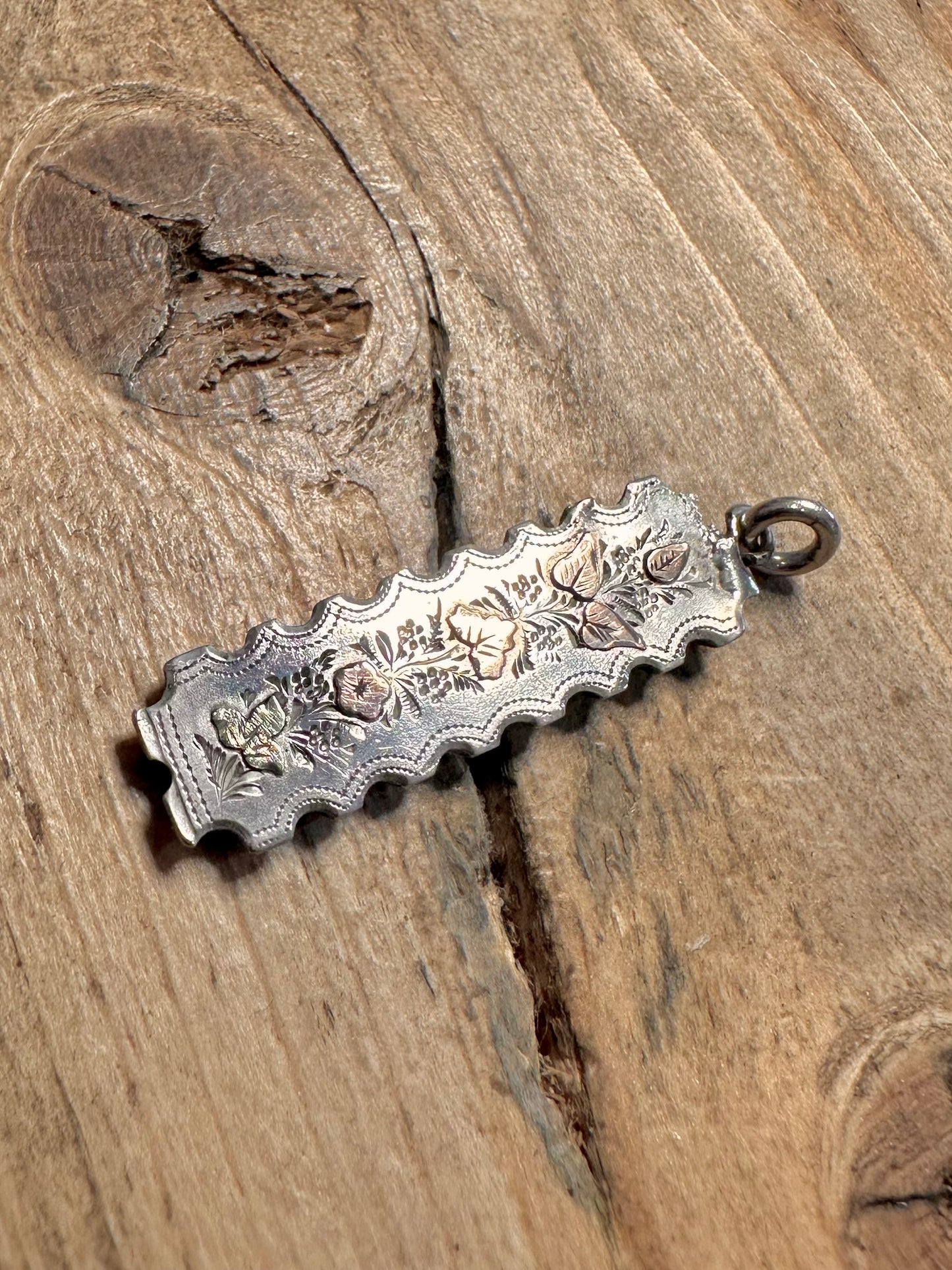 Antique 1893 Floral Engraved Gold on 925 Silver Chester Pendant