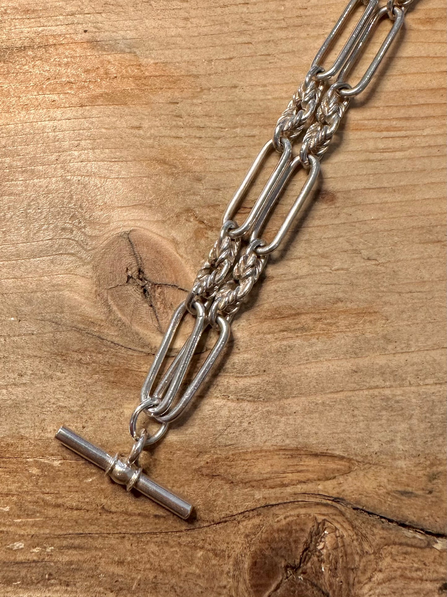 Abstract Oval and Rope Link T Bar Albert Clasp 925 Silver 24.5 inch Necklace