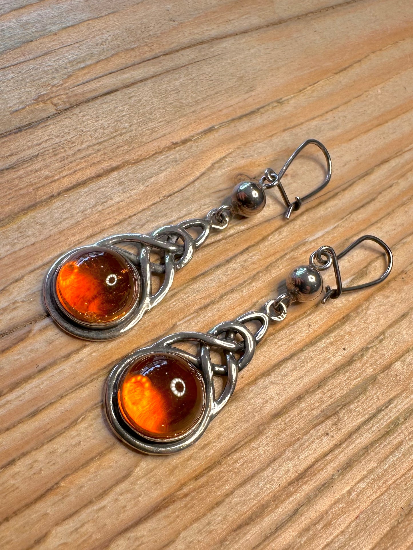Vintage Amber Celtic Dangle 925 Sterling Silver Earrings