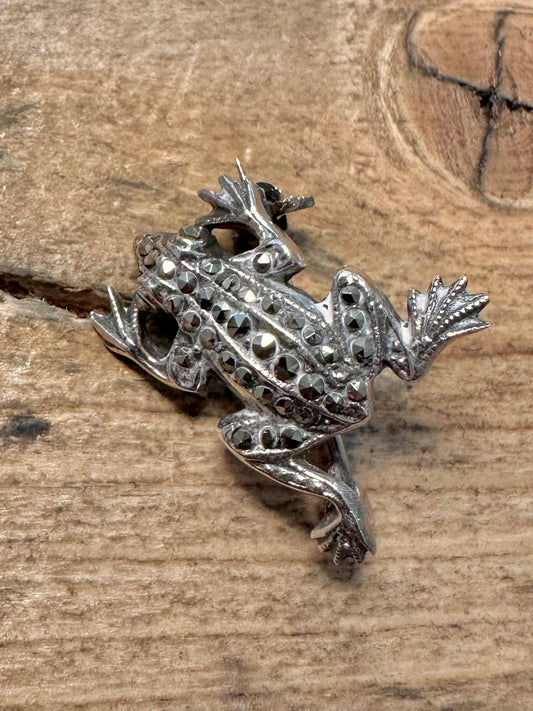 Vintage Frog Marcasite 925 Silver Brooch