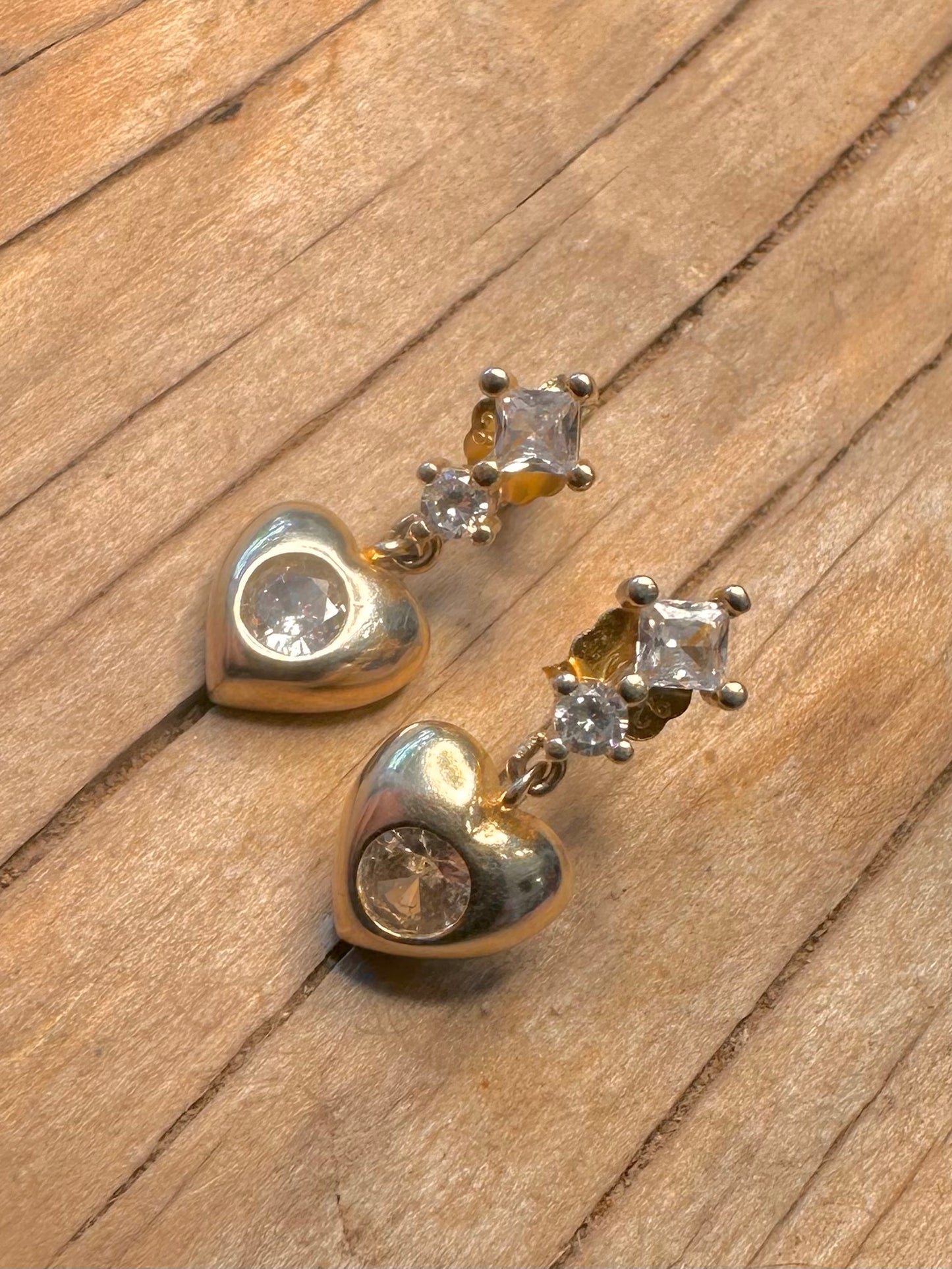 Modern Gold Heart Dangle CZ Stone 925 Sterling Silver Earrings