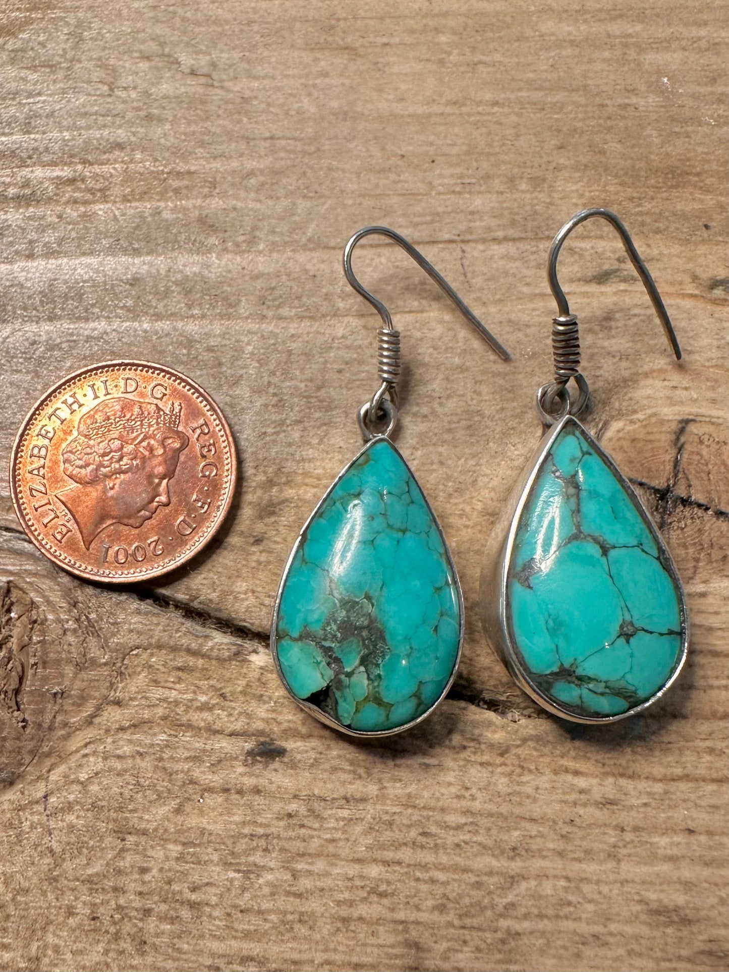 Vintage Raw Turquoise Tear Drop 925 Silver Earrings