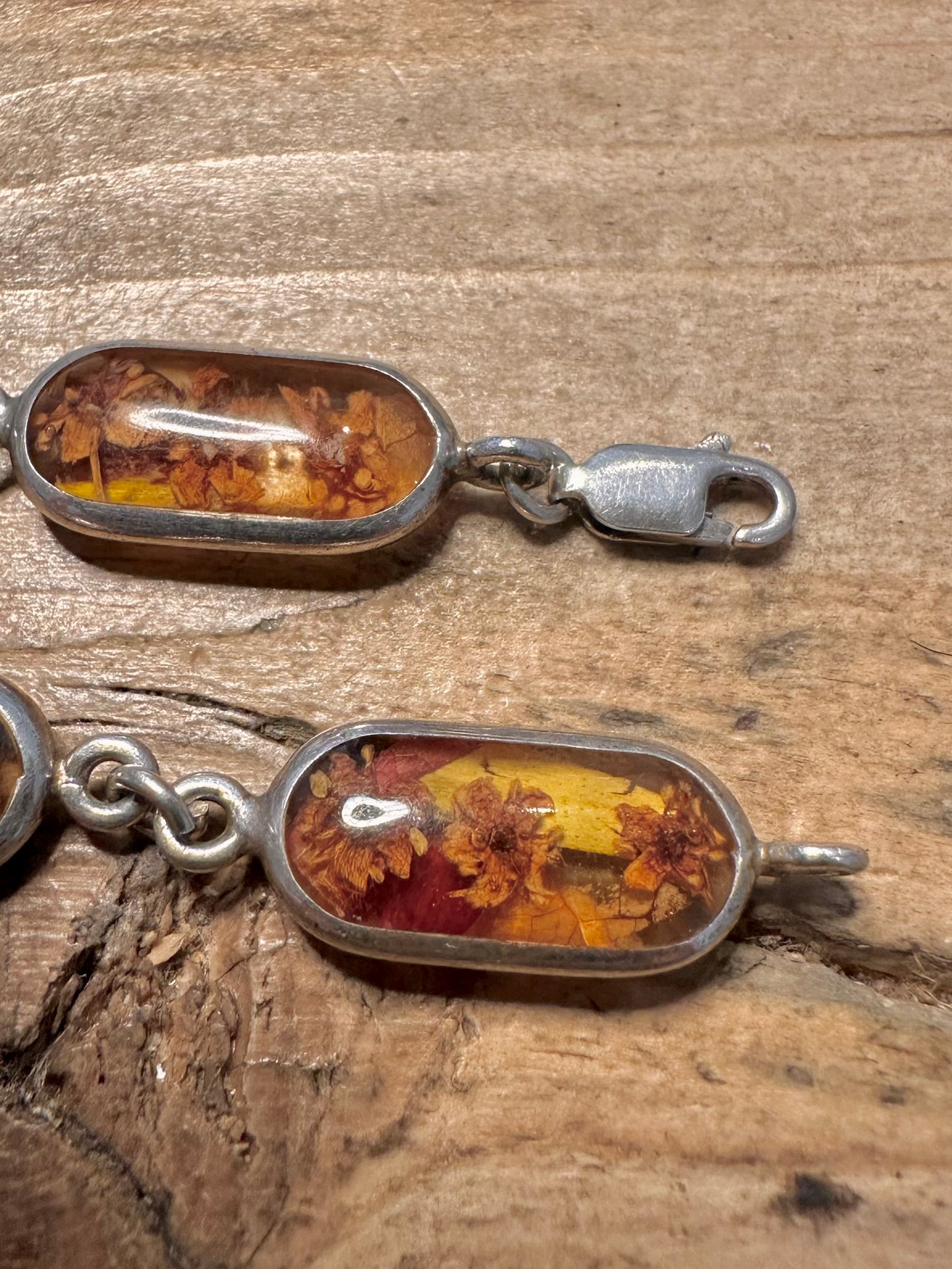Vintage Dried Flower Oval 925 Silver 7.5 inch Bracelet