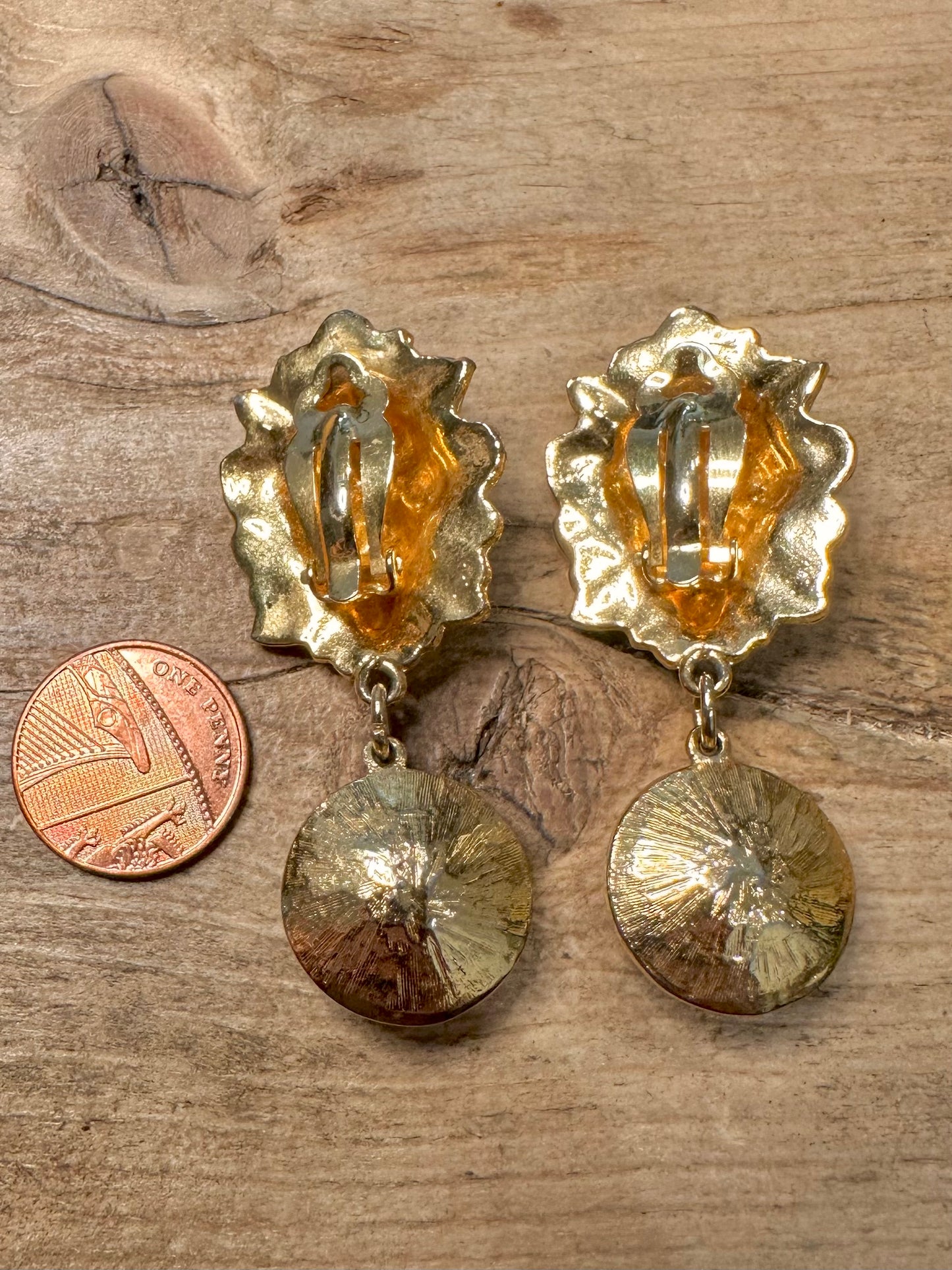 Vintage Lion Head and Orange Circles Gold Costume Earrings