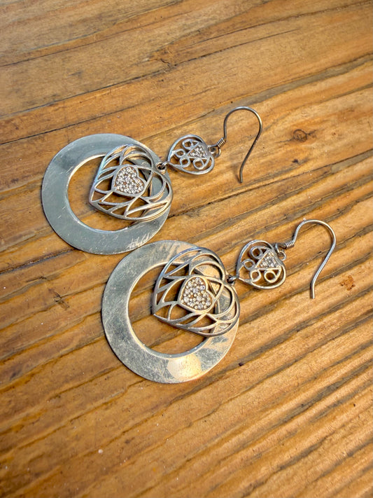 Heart CZ Stone Circle Dangle 925 Sterling Silver Earrings