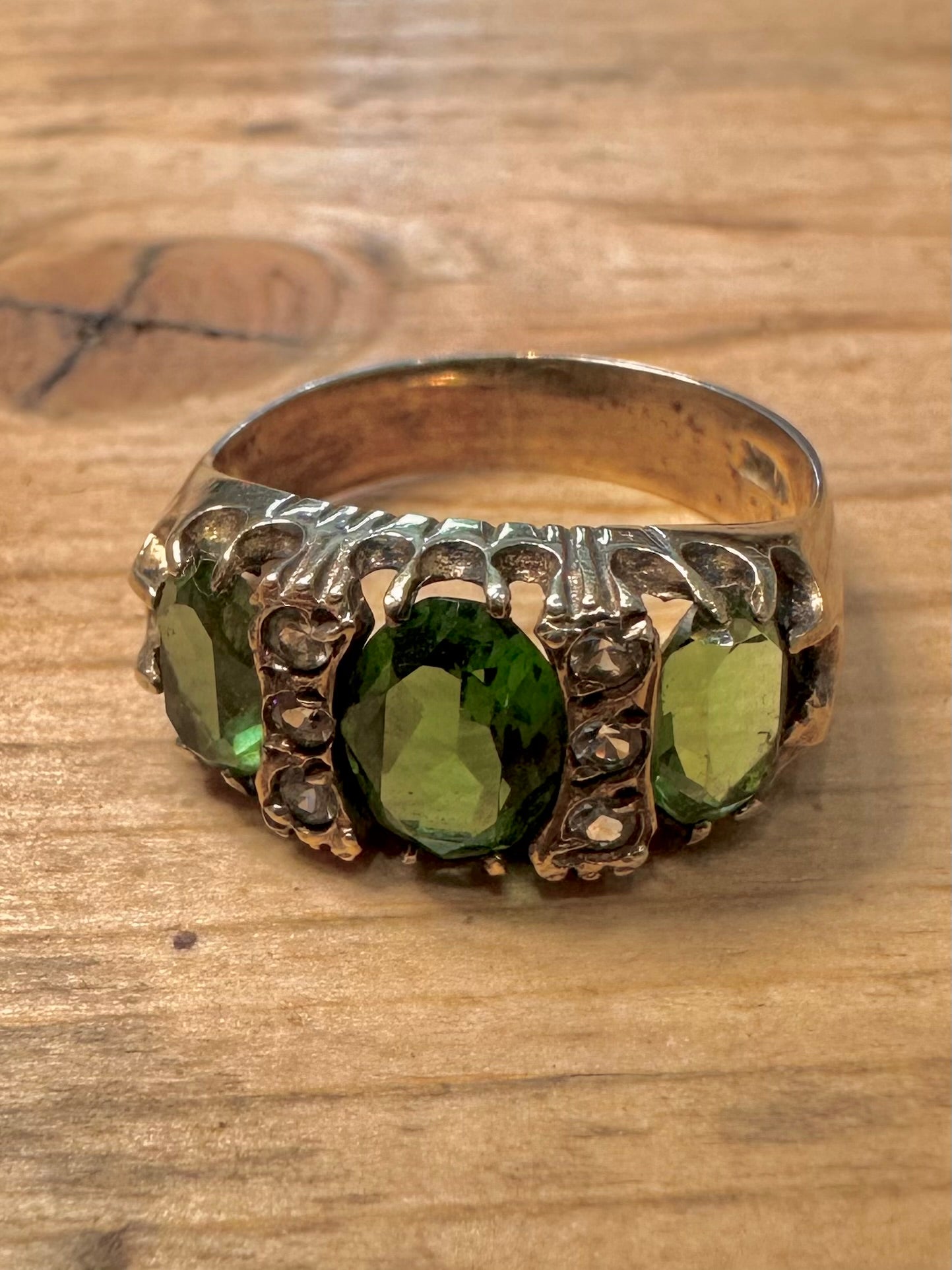 Vintage Green and White Stone Trilogy Gold on 925 Silver Size P Ring