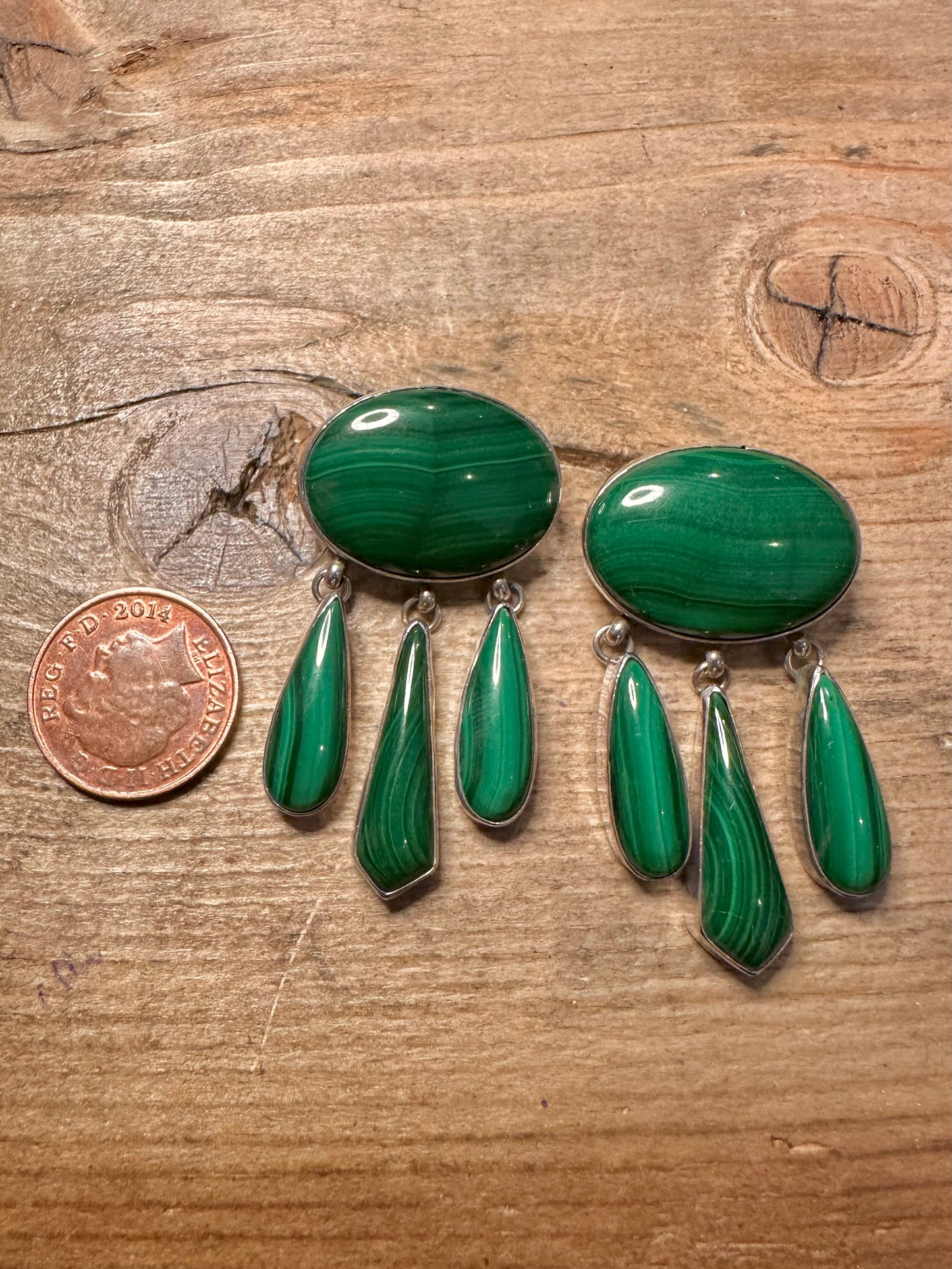 Vintage Large Malachite 925 Silver Earrings