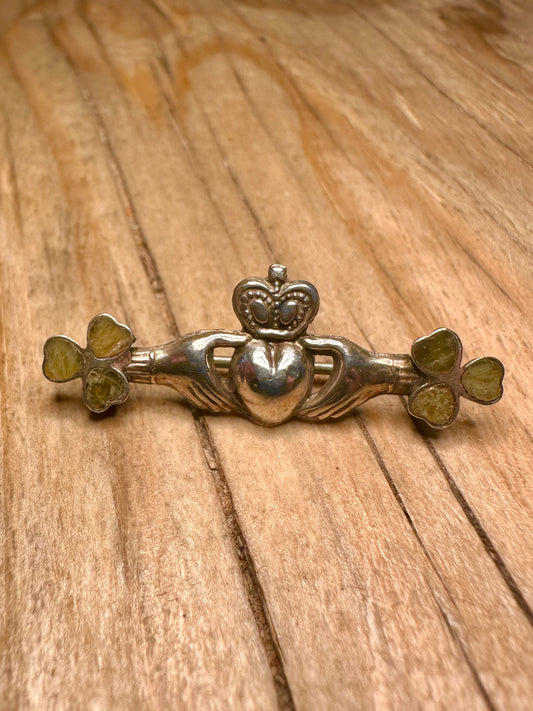 Vintage Claddagh Irish Green Marble 925 Sterling Silver Brooch