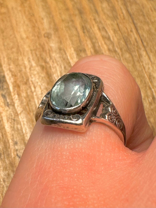 Vintage Blue Topaz Ornate Setting 925 Sterling Silver Size M1/2 Ring