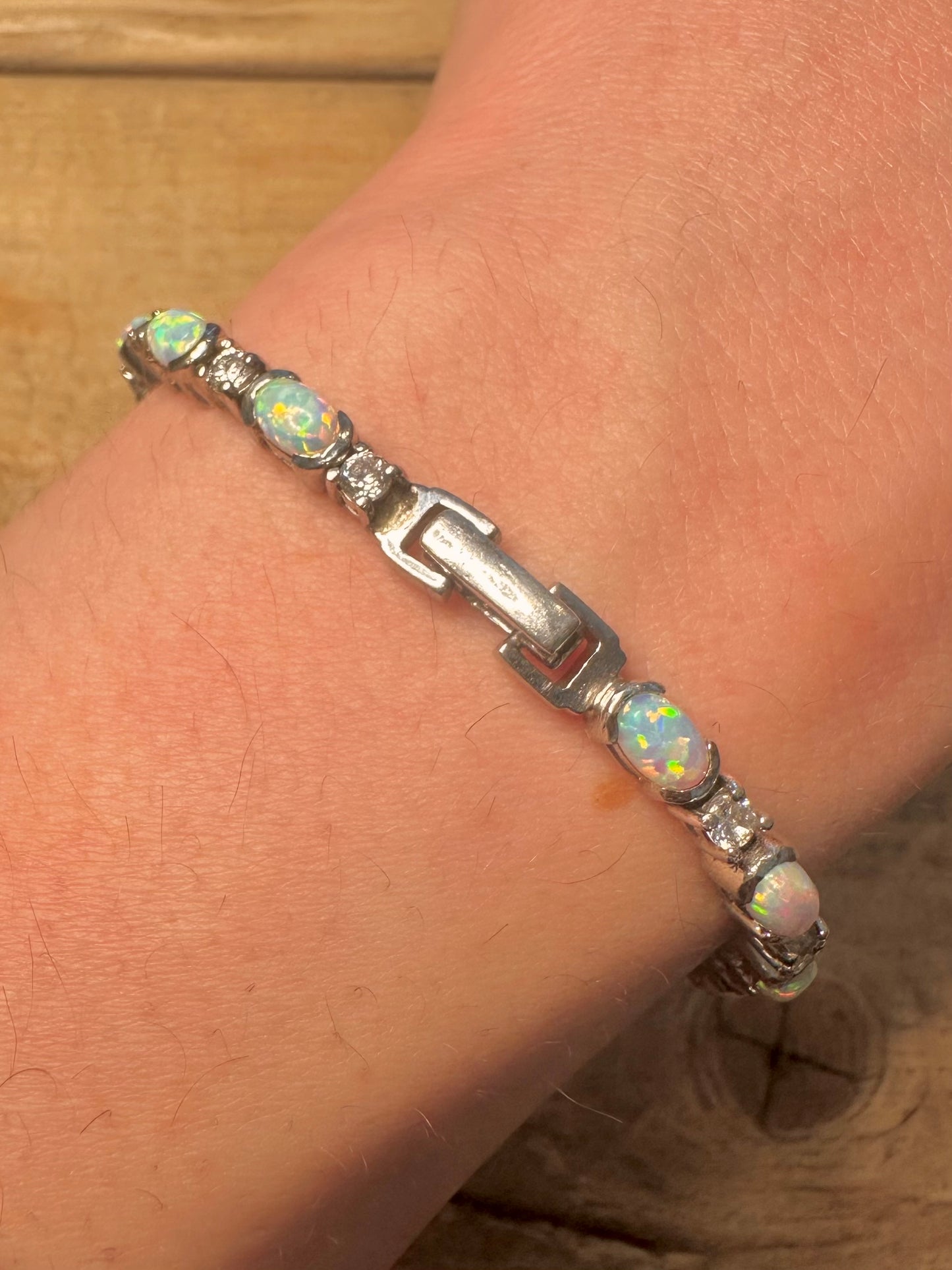 Vintage Opal and White Stone 925 Silver 7.2 inch Bracelet