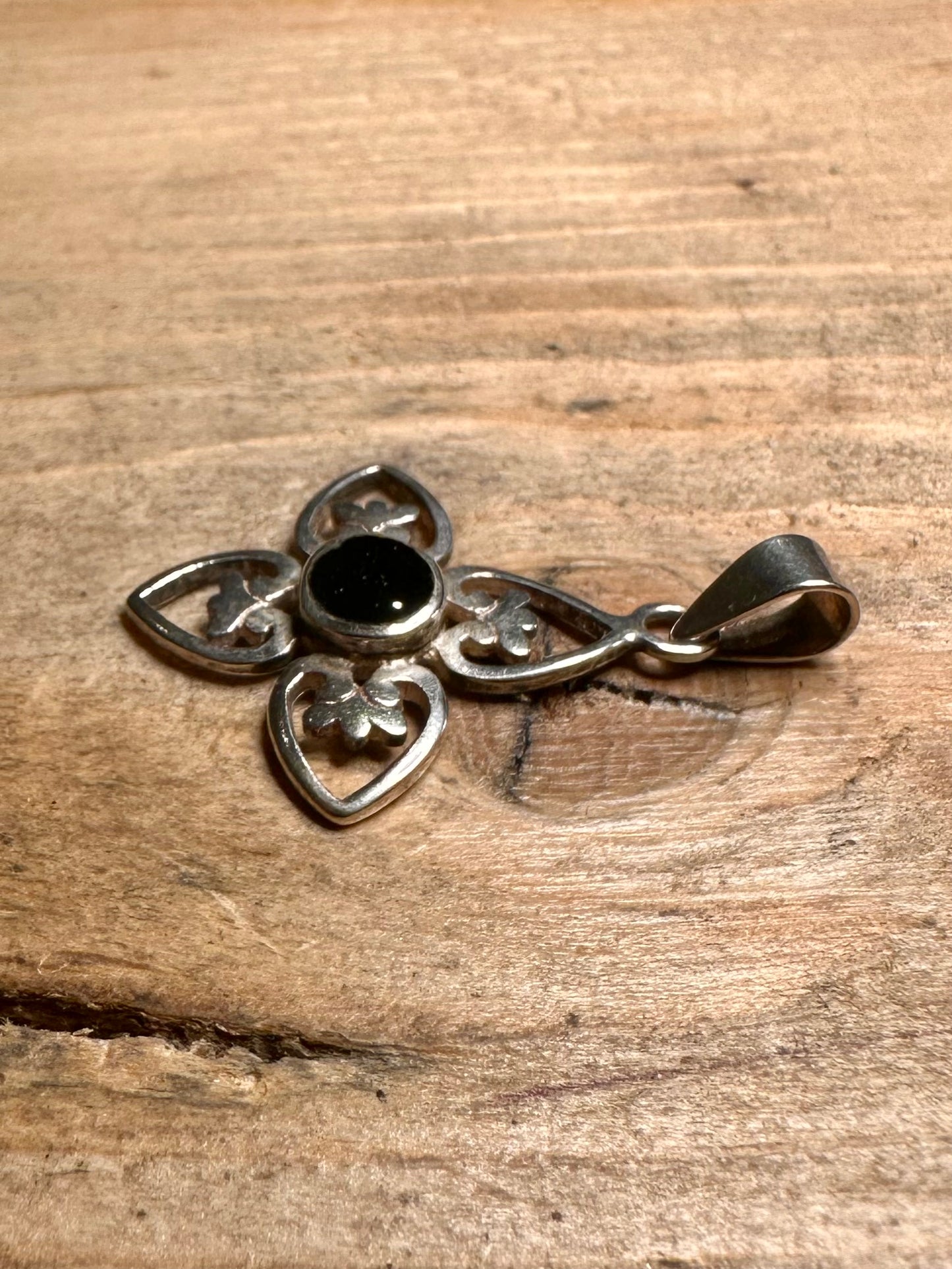 Vintage Cross Black Stone 925 Silver Pendant