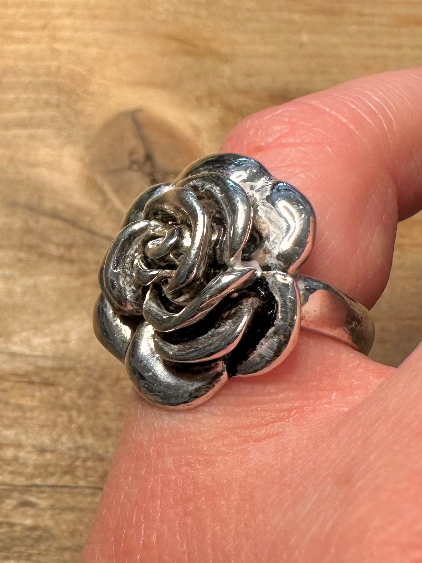 Modern Rose Flower 925 Silver Size L Ring