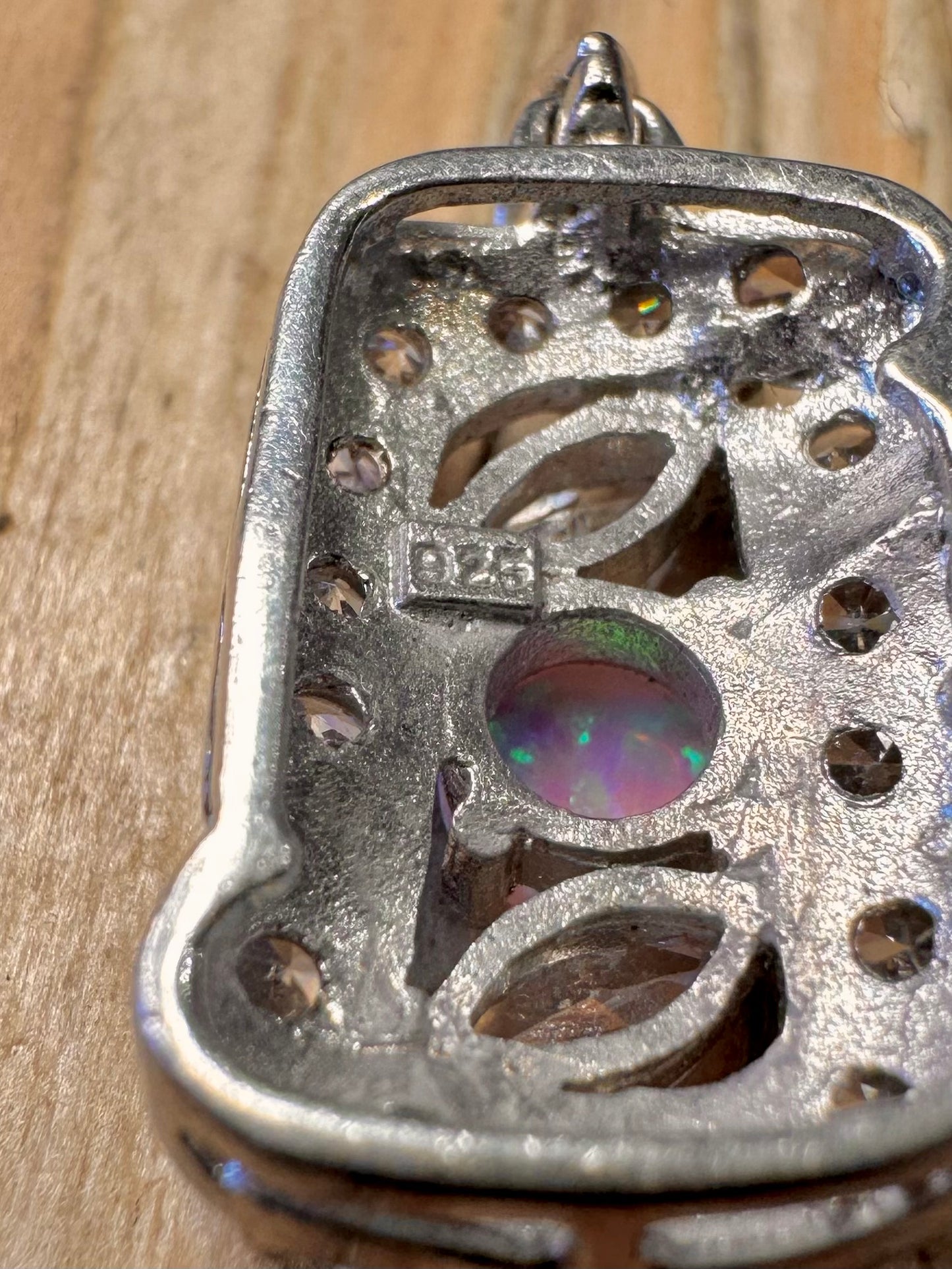 Vintage Opal and CZ Rectangle 925 Sterling Silver Pendant