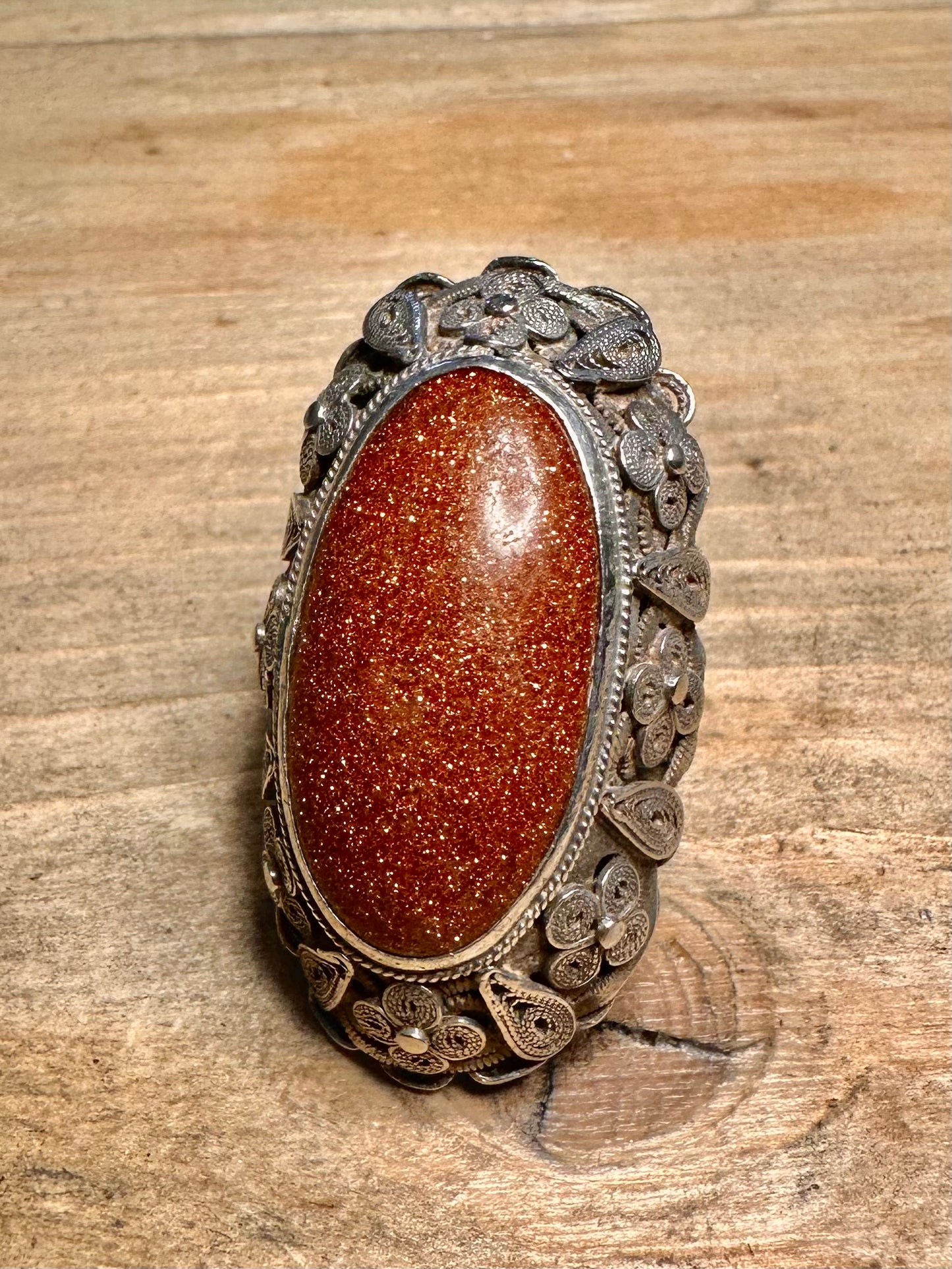 Vintage Large Sunstone Filigree Design 925 Silver Size N Ring