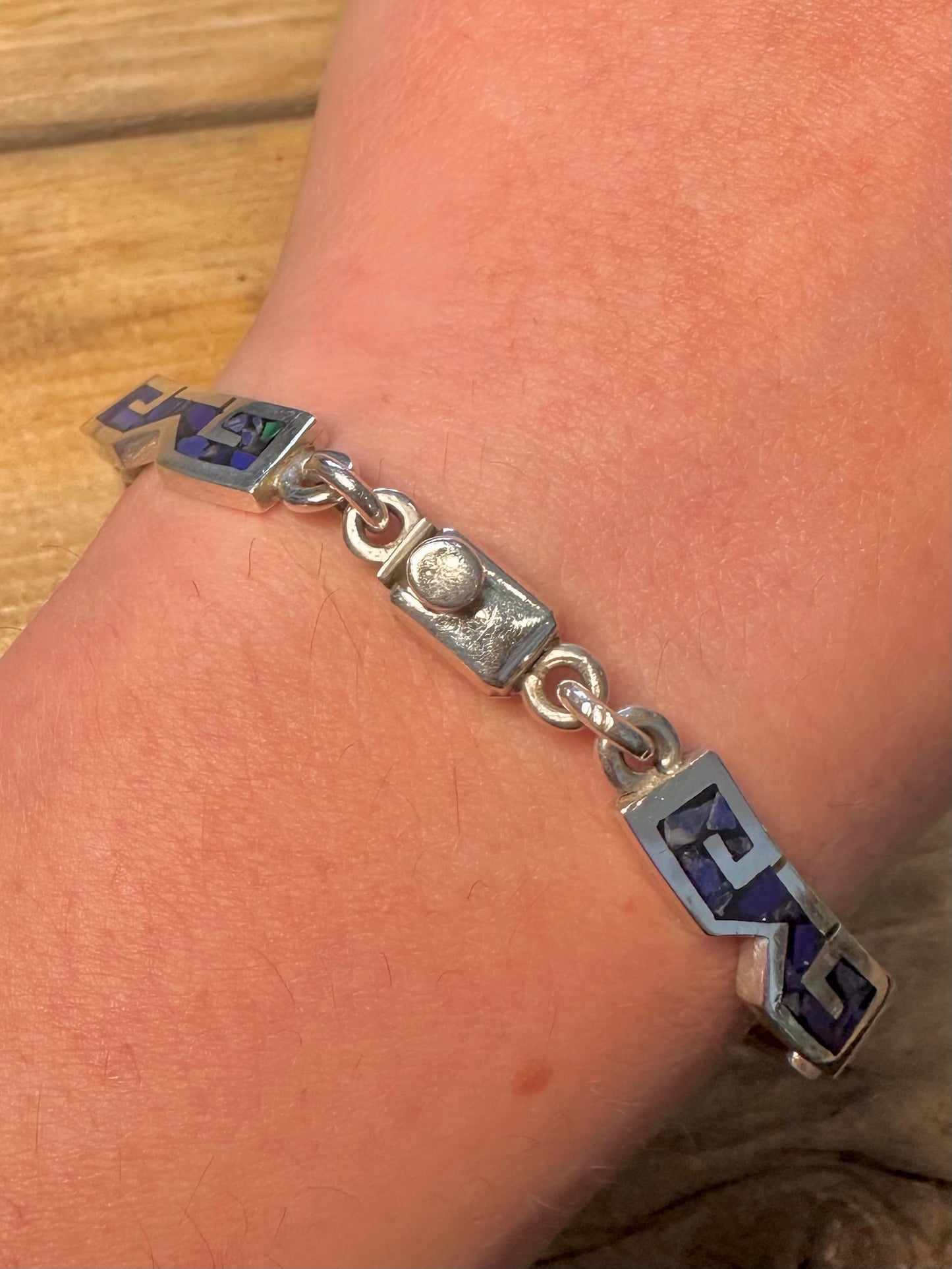 Vintage Lapis Inlay Mexico 925 Silver 7.8 inch Bracelet
