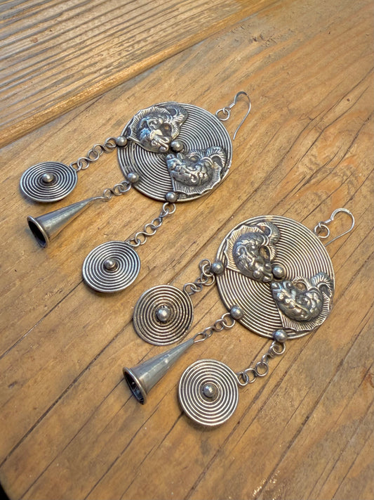 Large Spiral Fish with Dangle Cone 925 Sterling Silver Earrings