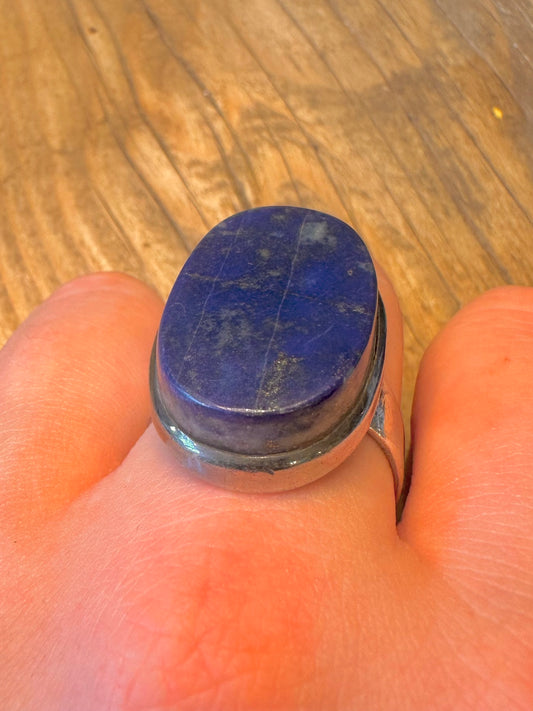 Large Lapis Oval Chunky Band 925 Sterling Silver Size Z+2 Ring