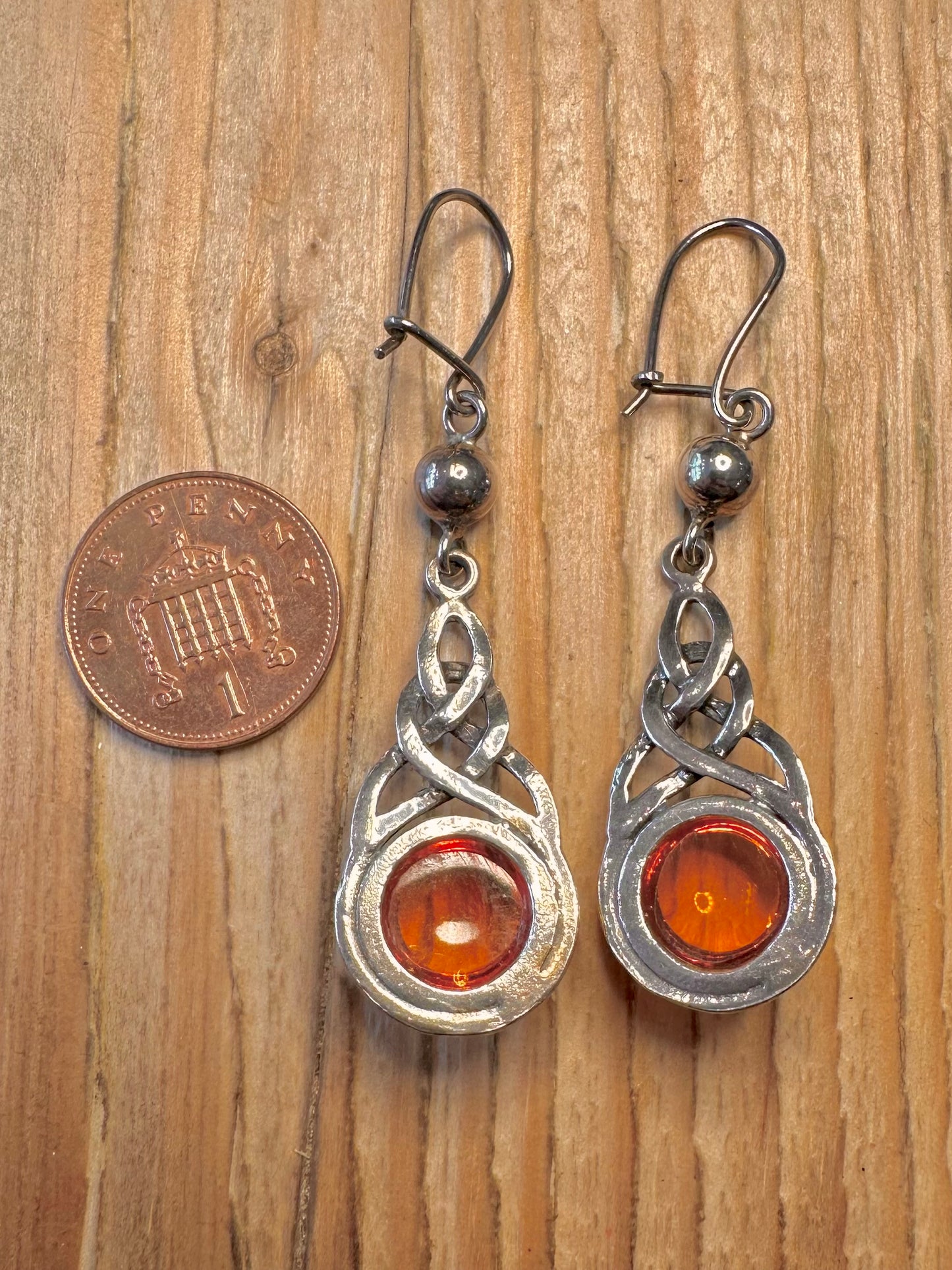 Vintage Amber Celtic Dangle 925 Sterling Silver Earrings