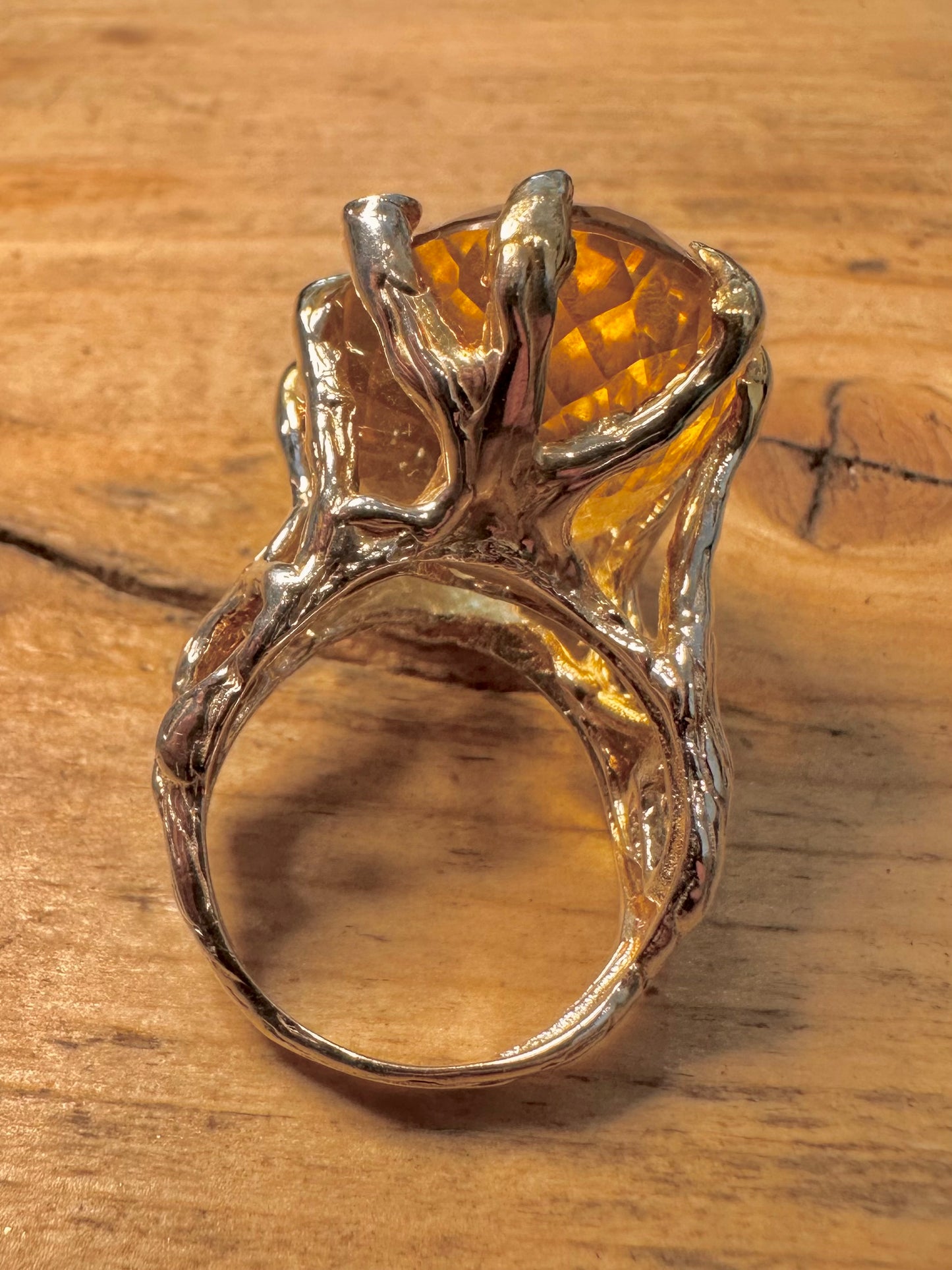 Abstract Large Citrine Stone Claw Mount 925 Silver Size R Ring