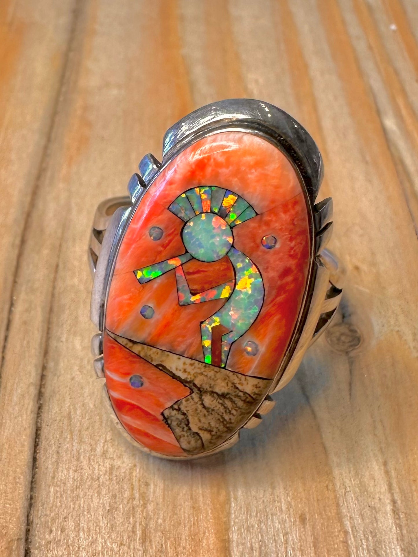 Vintage Navajo Kokopelli Mosaic Stones 925 Sterling Silver Size V1/2 Ring