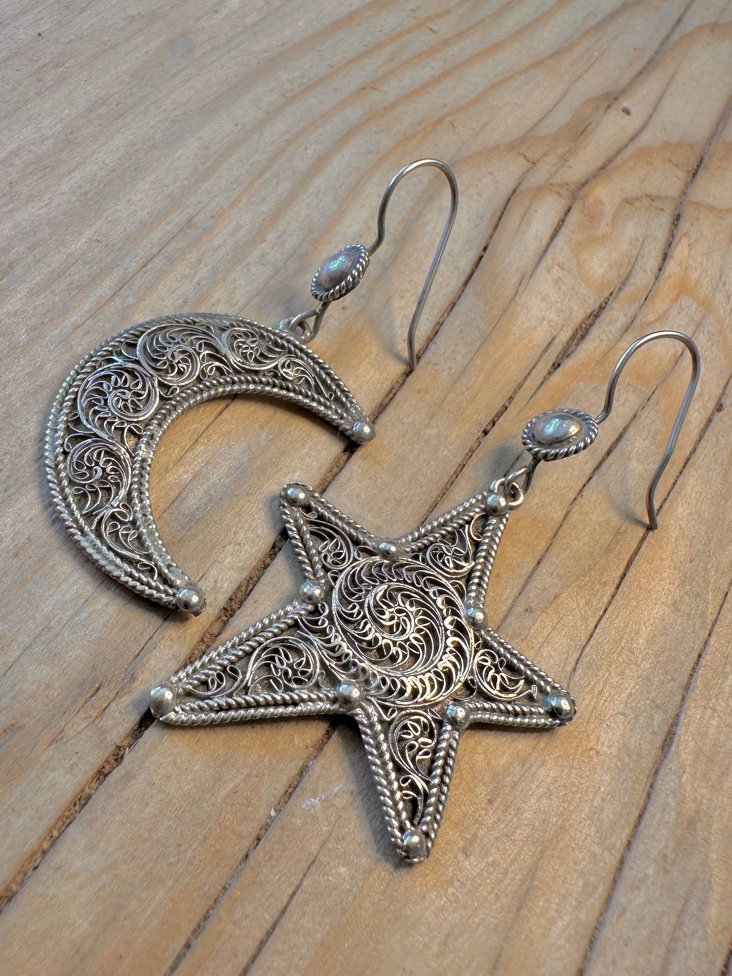 Vintage Star and Moon Filigree 925 Silver Earrings