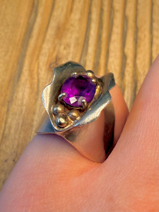 Abstract Handmade Amethyst and 14ct Gold Balls Maker JG 925 Sterling Silver Size M1/2 Ring