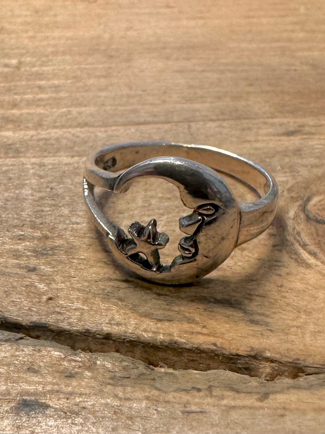 Vintage Moon and Star 925 Silver Size R Ring