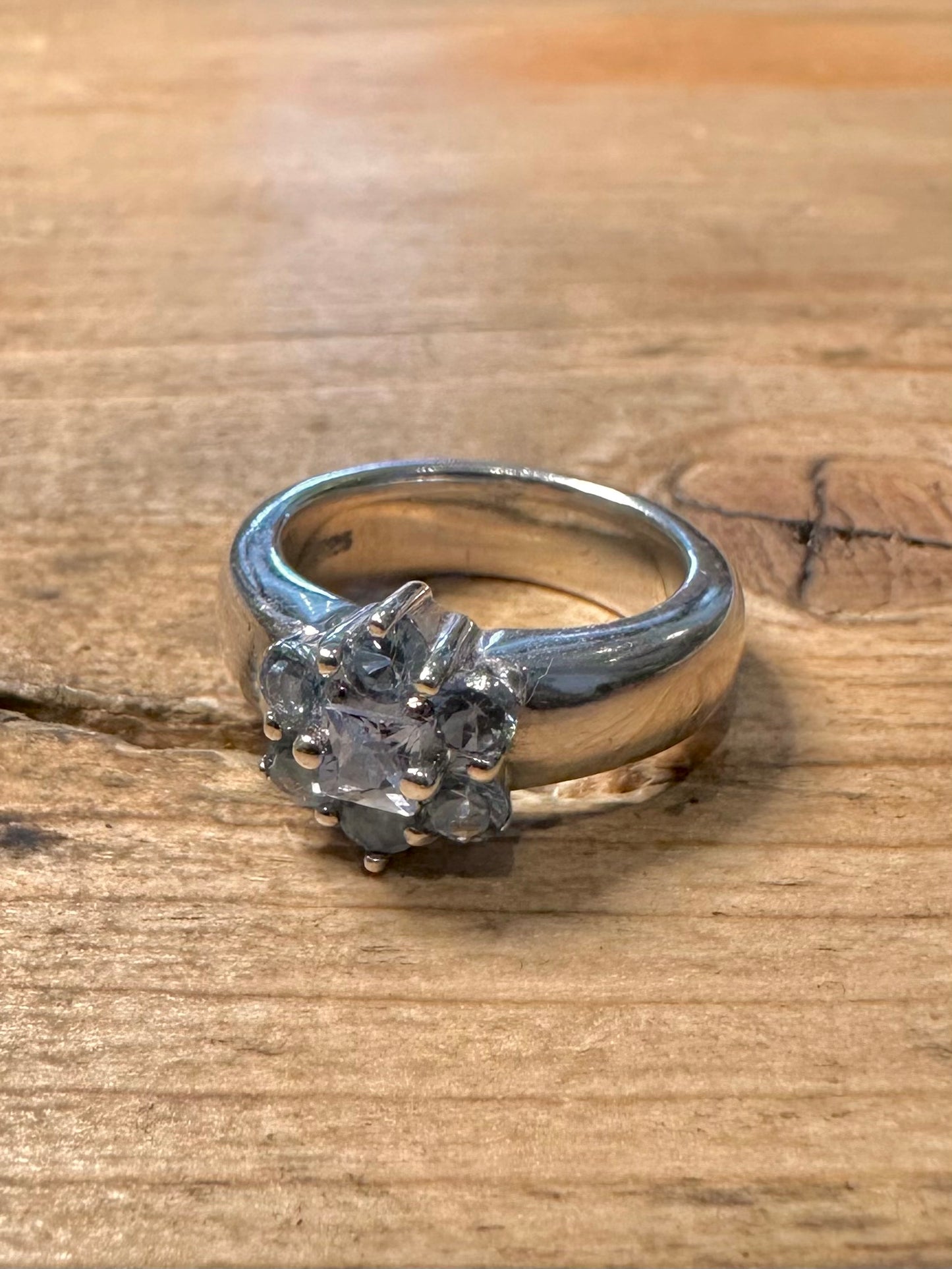 Modernist Blue Stone Cluster 925 Silver Size K Ring
