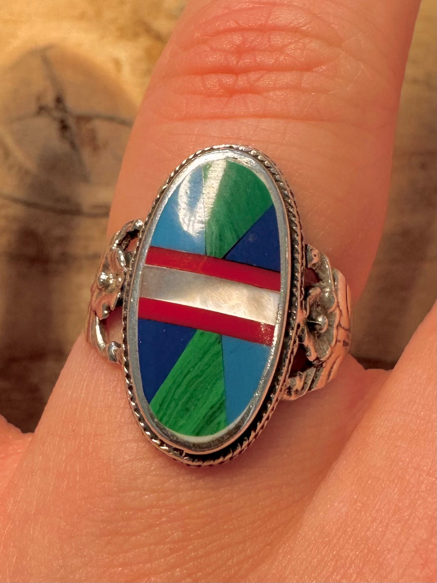 Vintage Mosaic Stones 925 Silver Size Q Ring