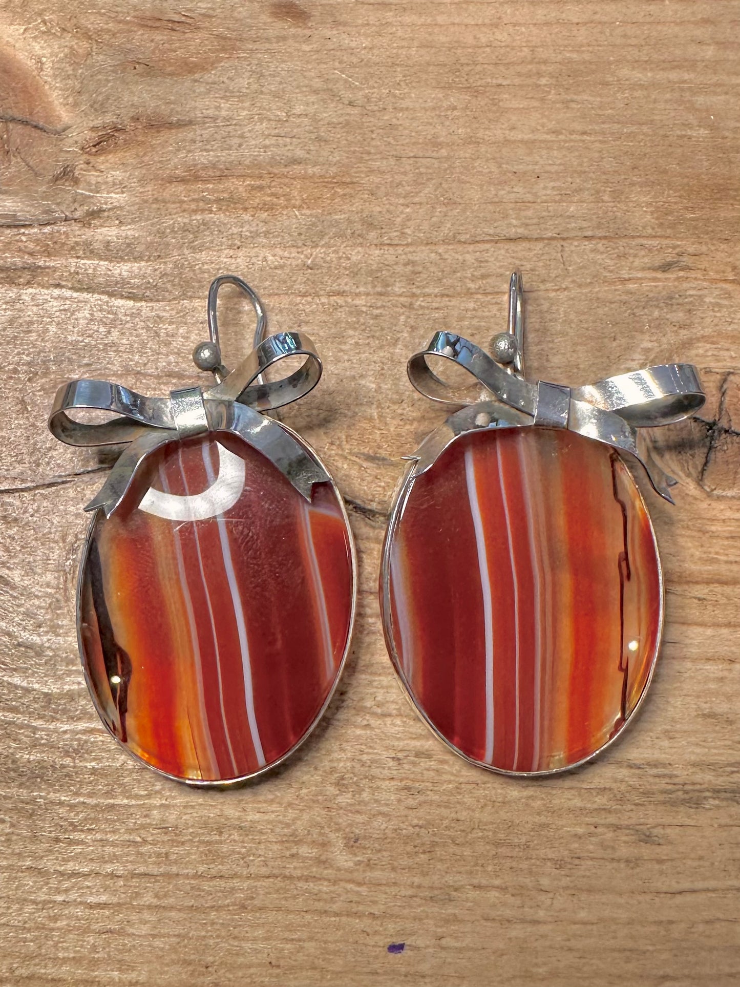 Vintage 1988 Large Banded Agate Bow 925 Silver Earrings