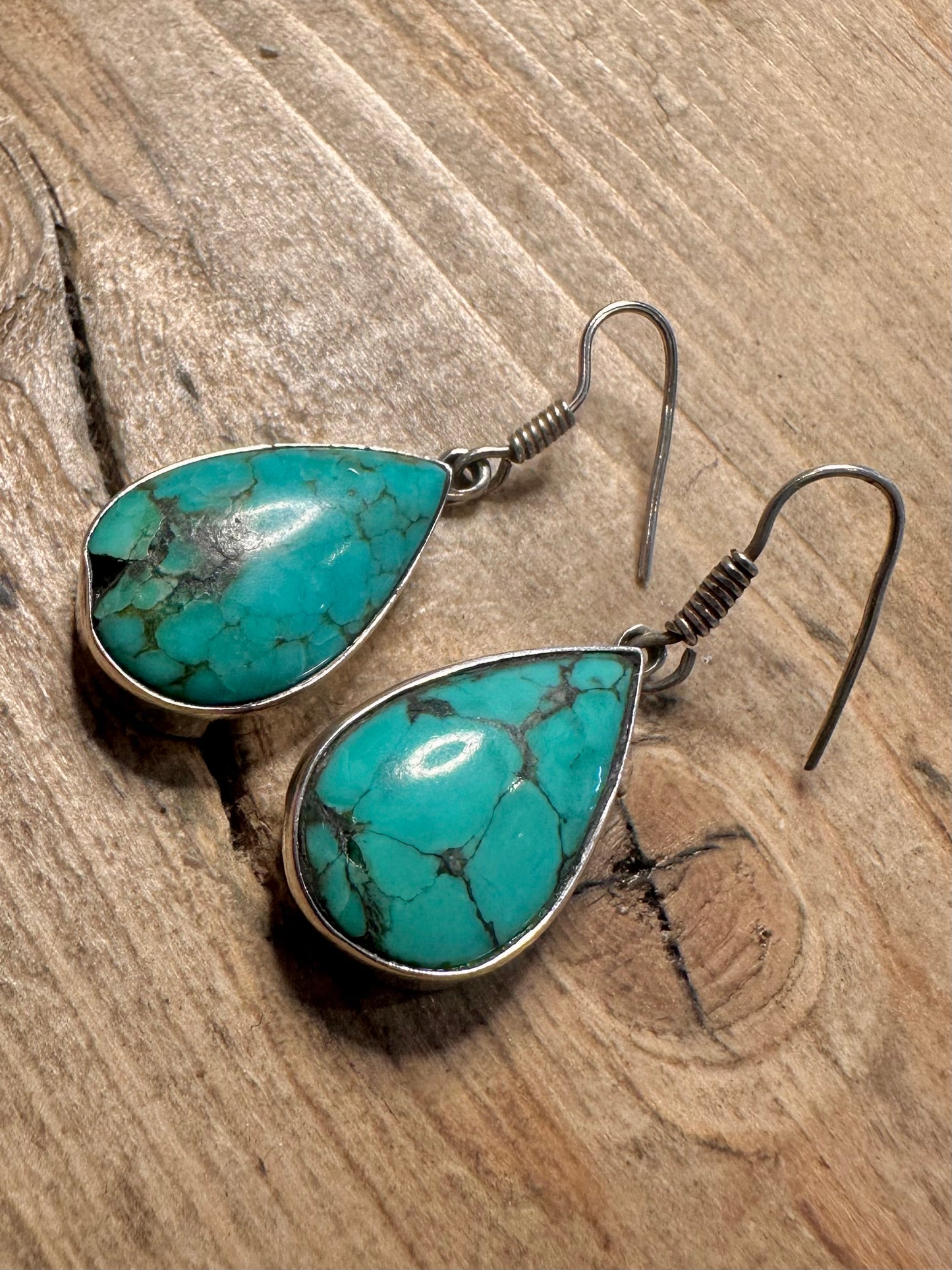 Vintage Raw Turquoise Tear Drop 925 Silver Earrings