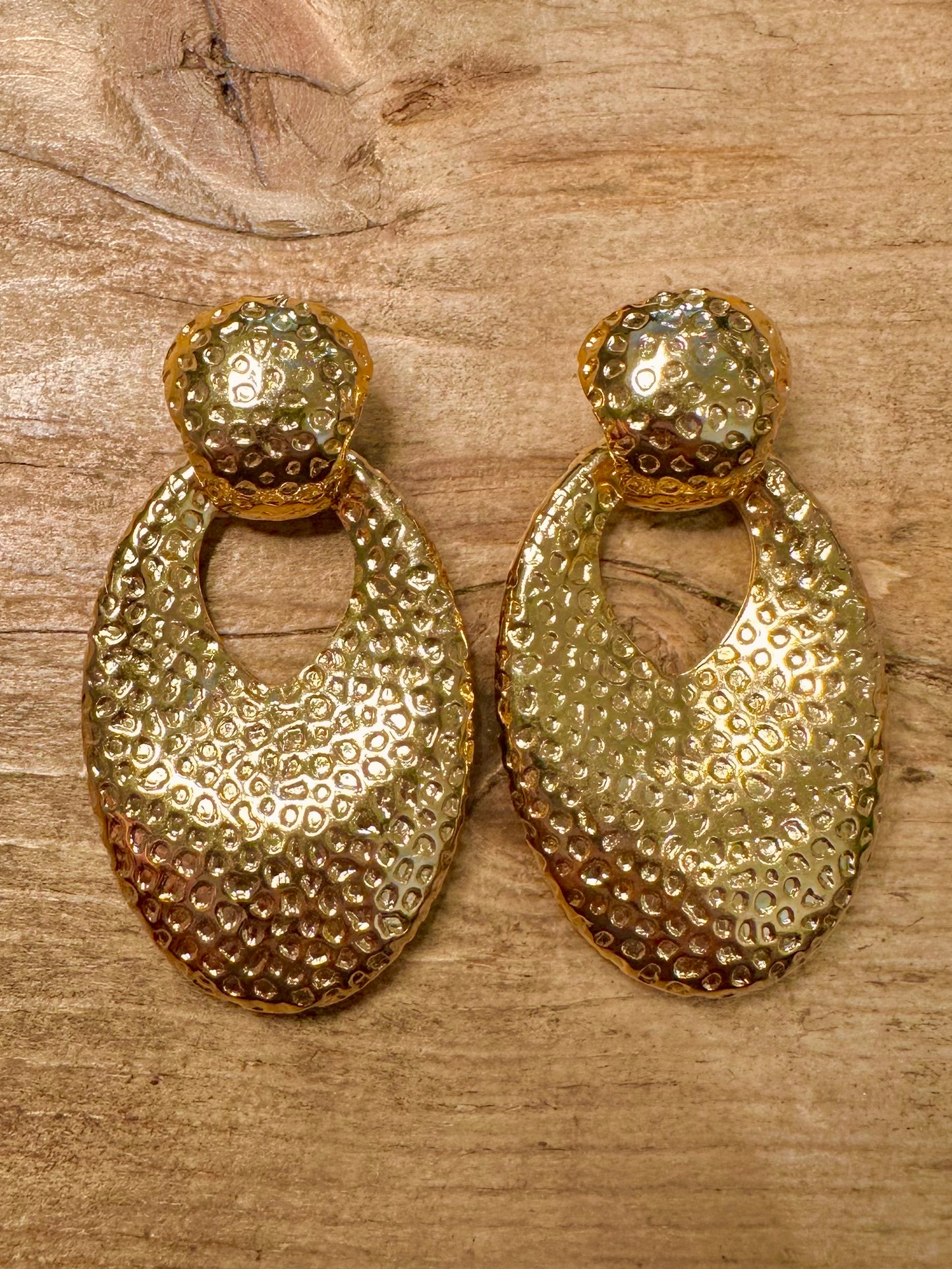 Vintage Large Oval Textured Gold Costume Earrings