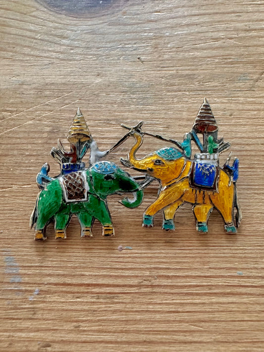 Vintage Siam Enamel Elephant Battle 925 Silver Brooch