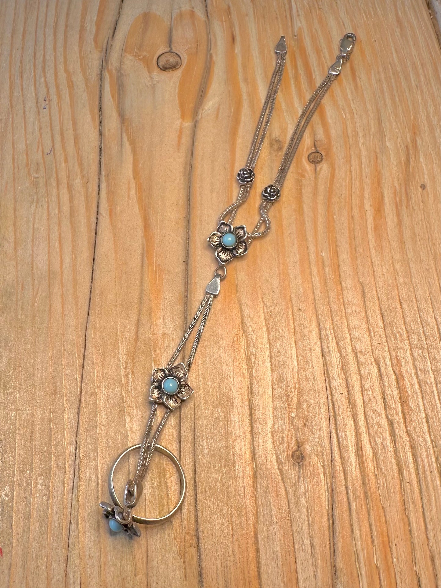 Vintage Flower Chain Blue Stone 925 Sterling Silver Size P 7 inch Ring Bracelet