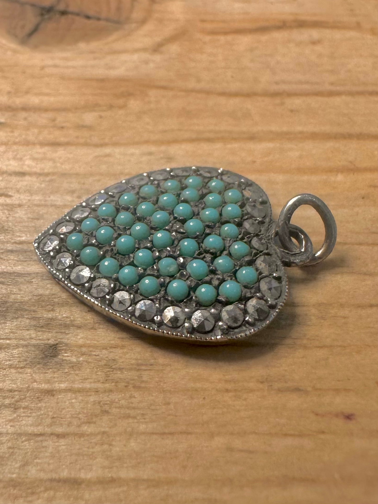 Victorian Turquoise and White Stone Heart 925 Silver Pendant