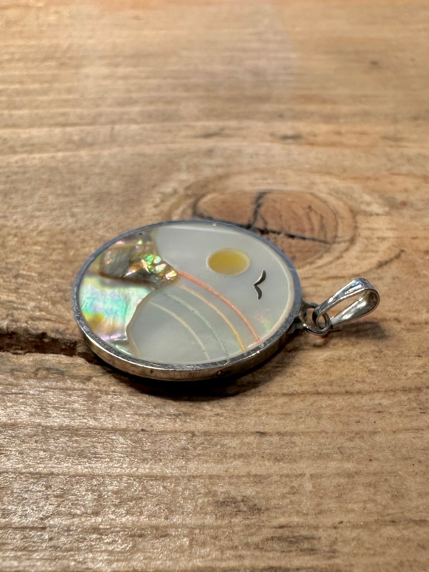 Vintage Mother of Pearl Landscape 925 Silver Pendant