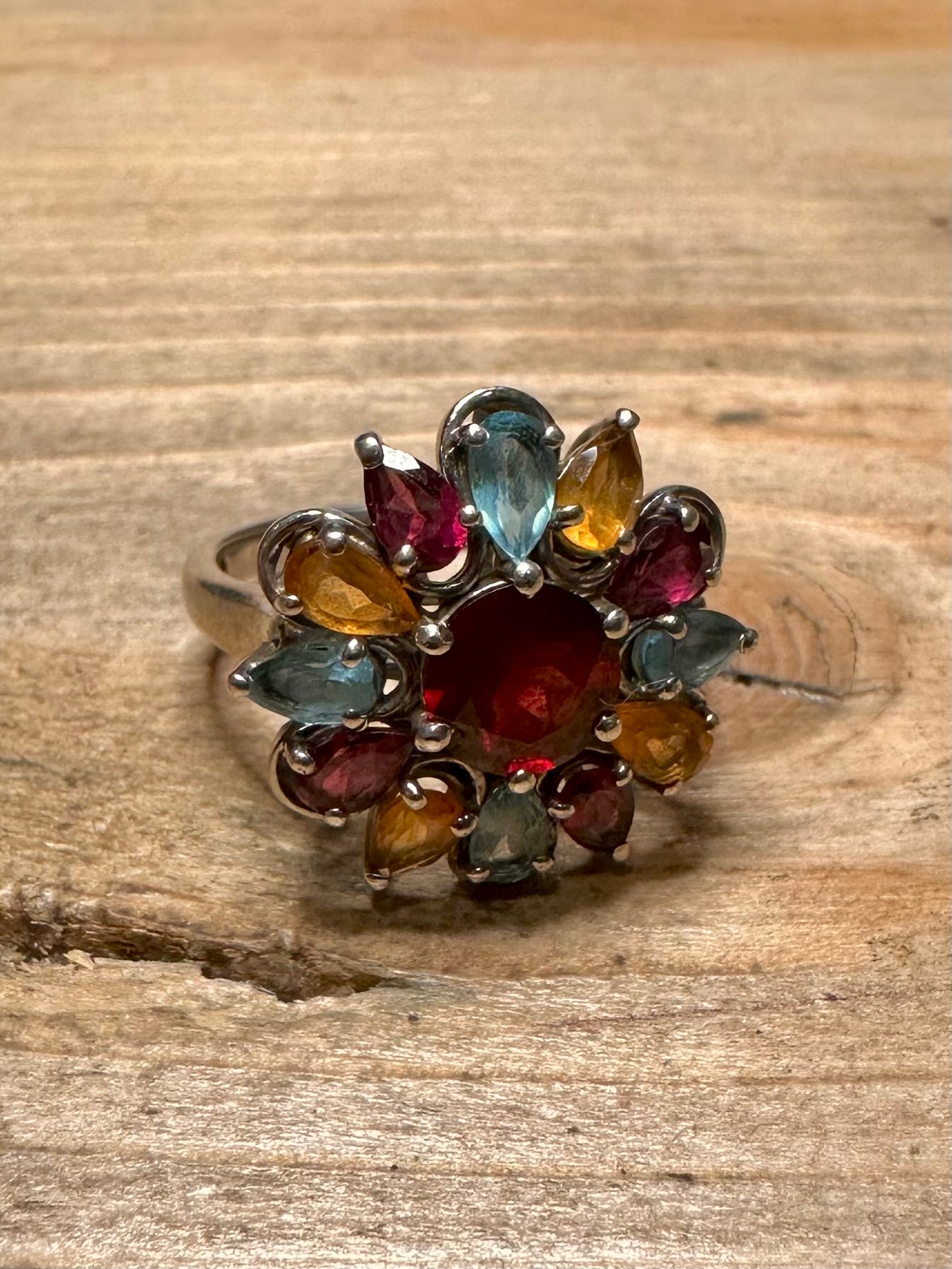 Modernist Multi Coloured Flower 925 Silver Size P Ring