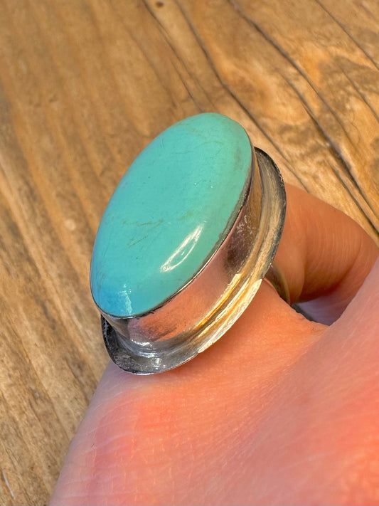 Oval Turquoise Elongated 925 Sterling Silver Size N Ring