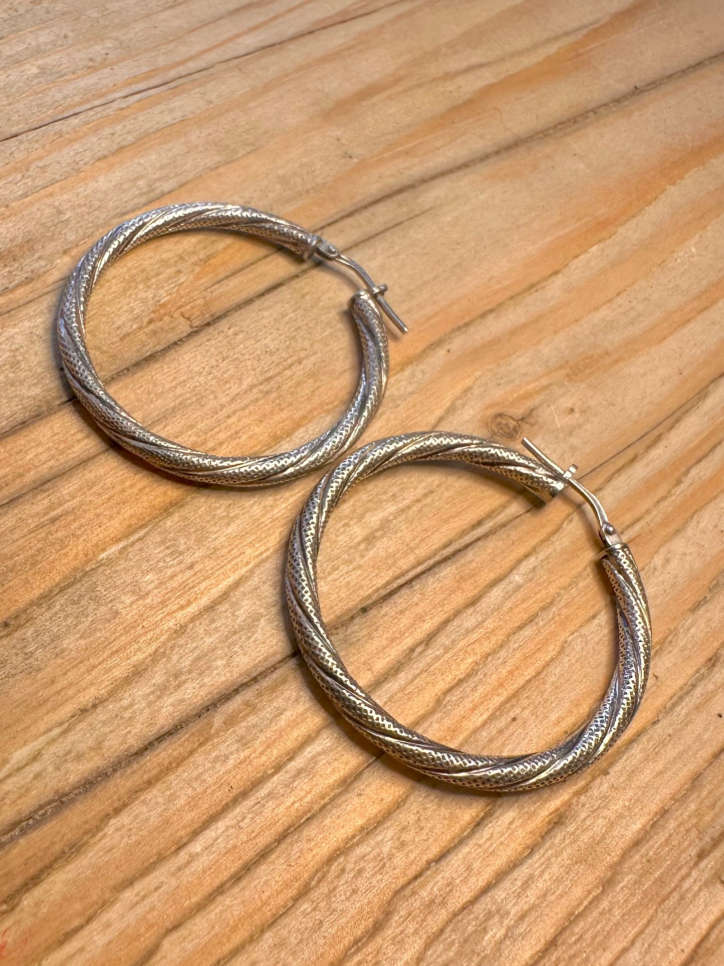 Vintage Twisted Textured Hoops 925 Sterling Silver Earrings