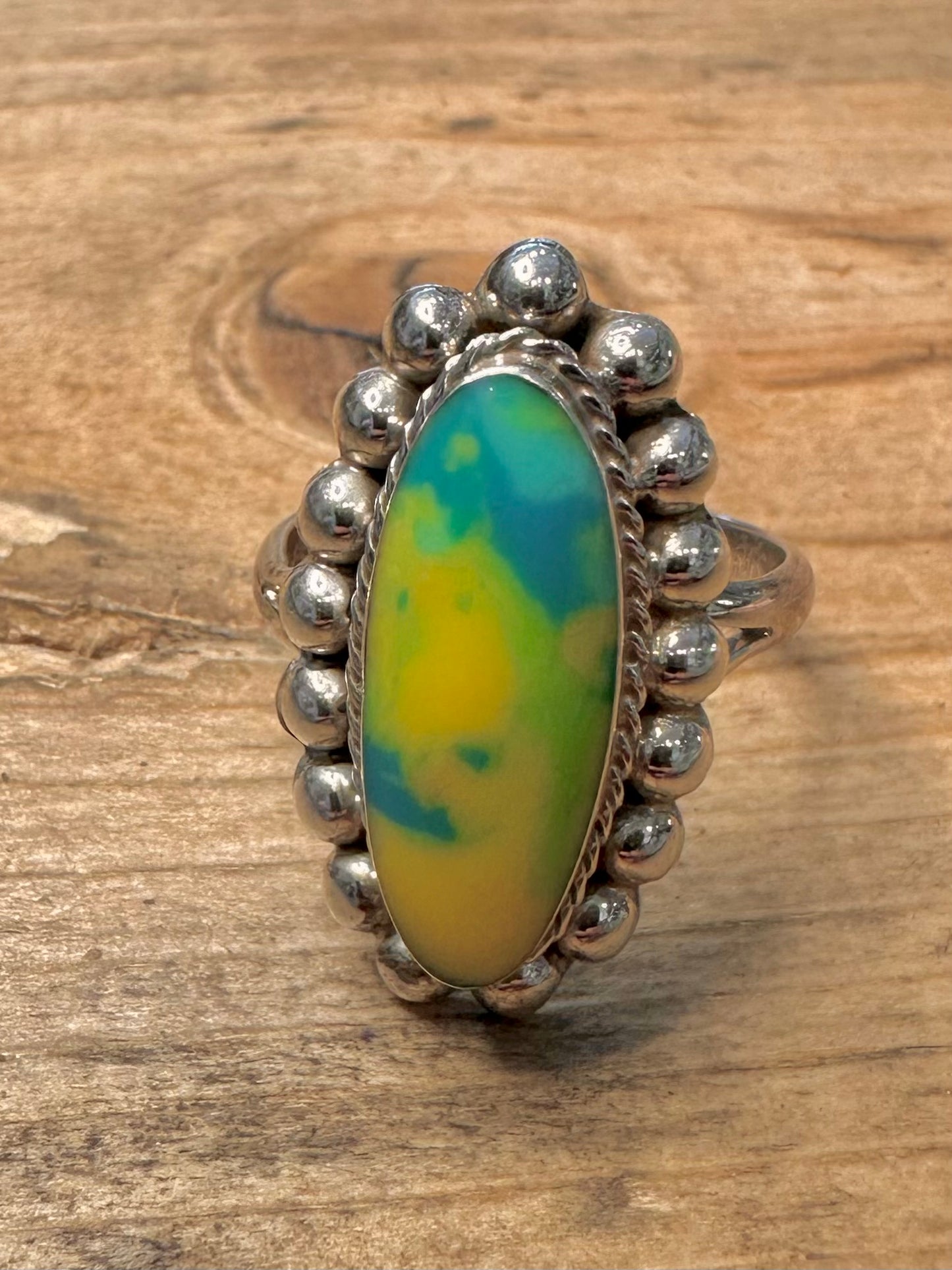 Vintage Blue and Yellow Agate Boho 925 Silver Size S Ring