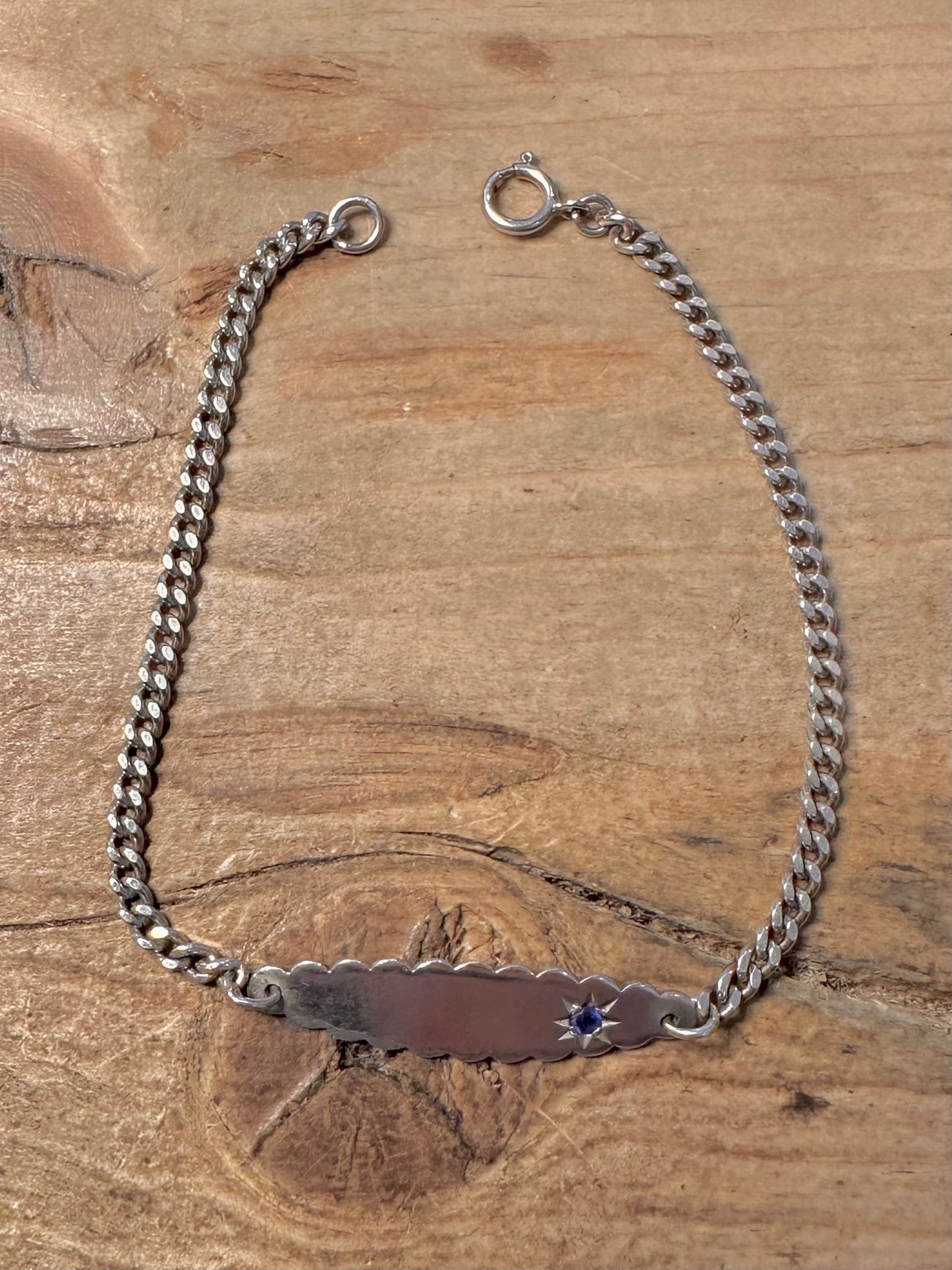 Vintage Identity Blue Stone Curb Chain 925 Silver 6.5 inch Bracelet
