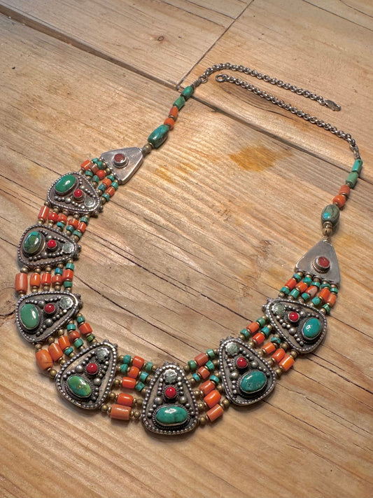 Vintage Tibetan Ornate Coral and Turquoise 925 Sterling Silver 22 inch Necklace