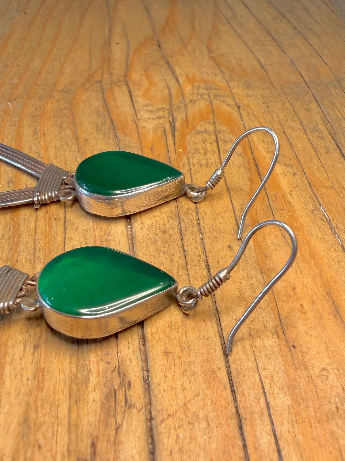 Large Handmade Chrysoprase Intricate Filigree Dangle 925 Sterling Silver Earrings