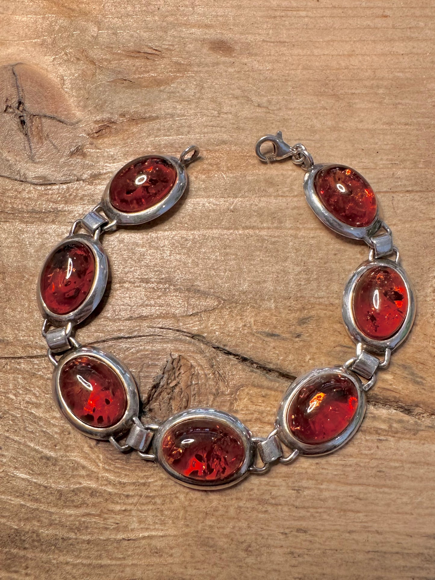 Vintage Amber Oval Link 925 Silver 6.8 inch Bracelet