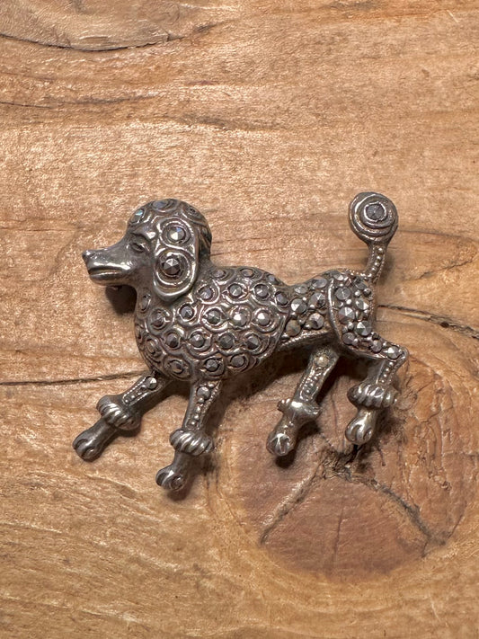 Vintage Poodle Marcasite 925 Silver Brooch