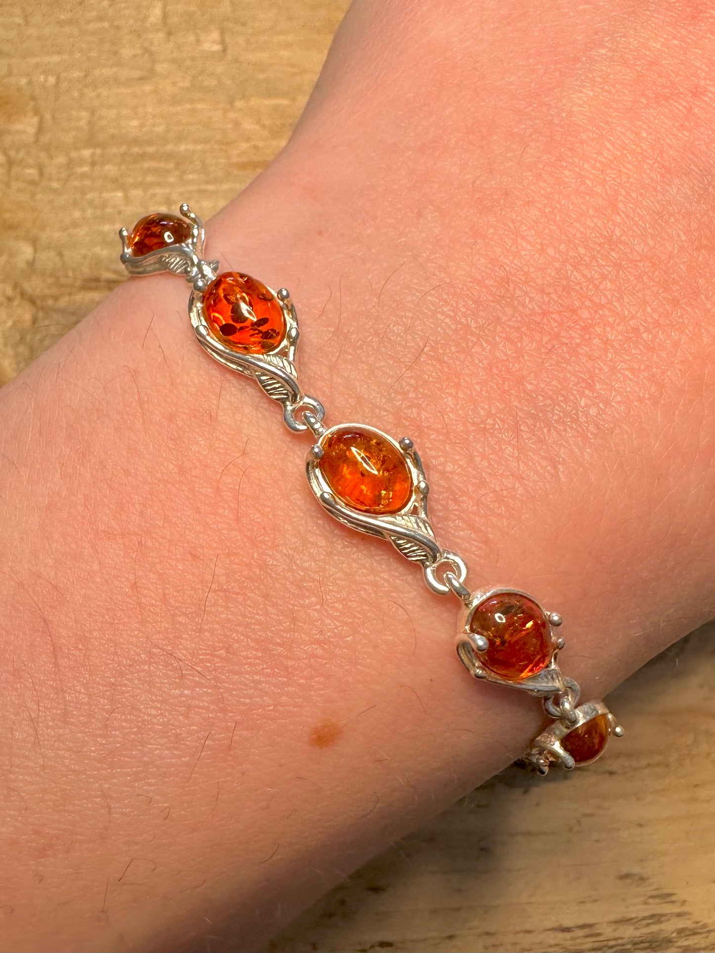 Vintage Unique Amber Link 925 Silver 7 inch Bracelet