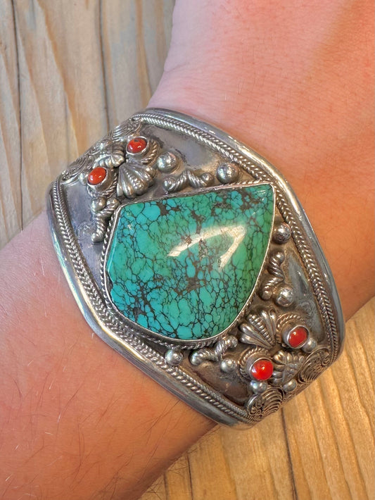Vintage Ornate Turquoise and Coral 925 Silver Cuff Bangle