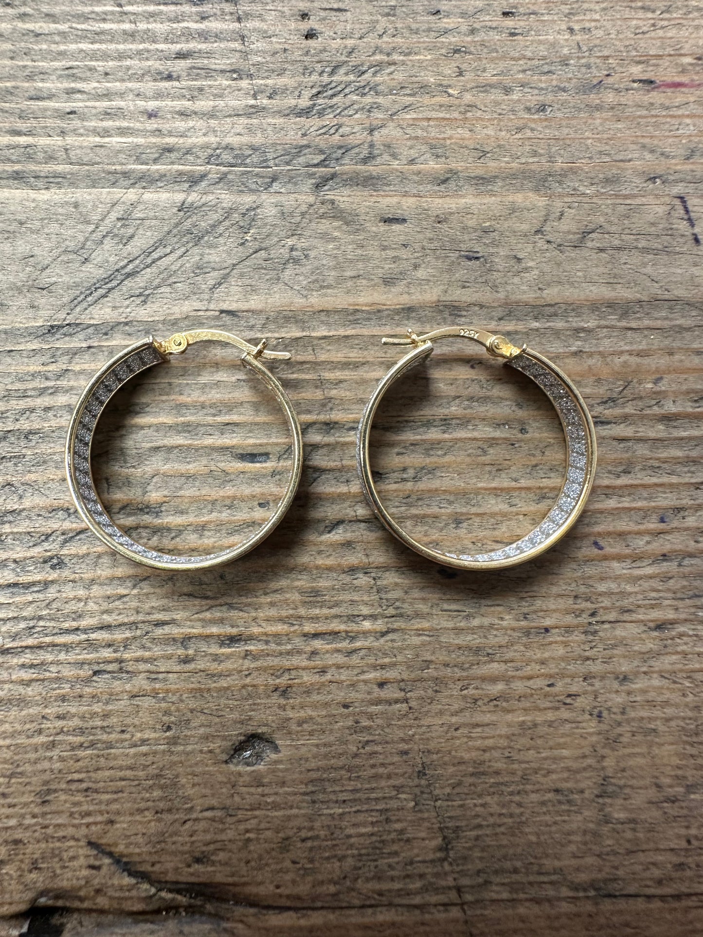Modernist CZ Stones Gold on 925 Silver Hoop Earrings