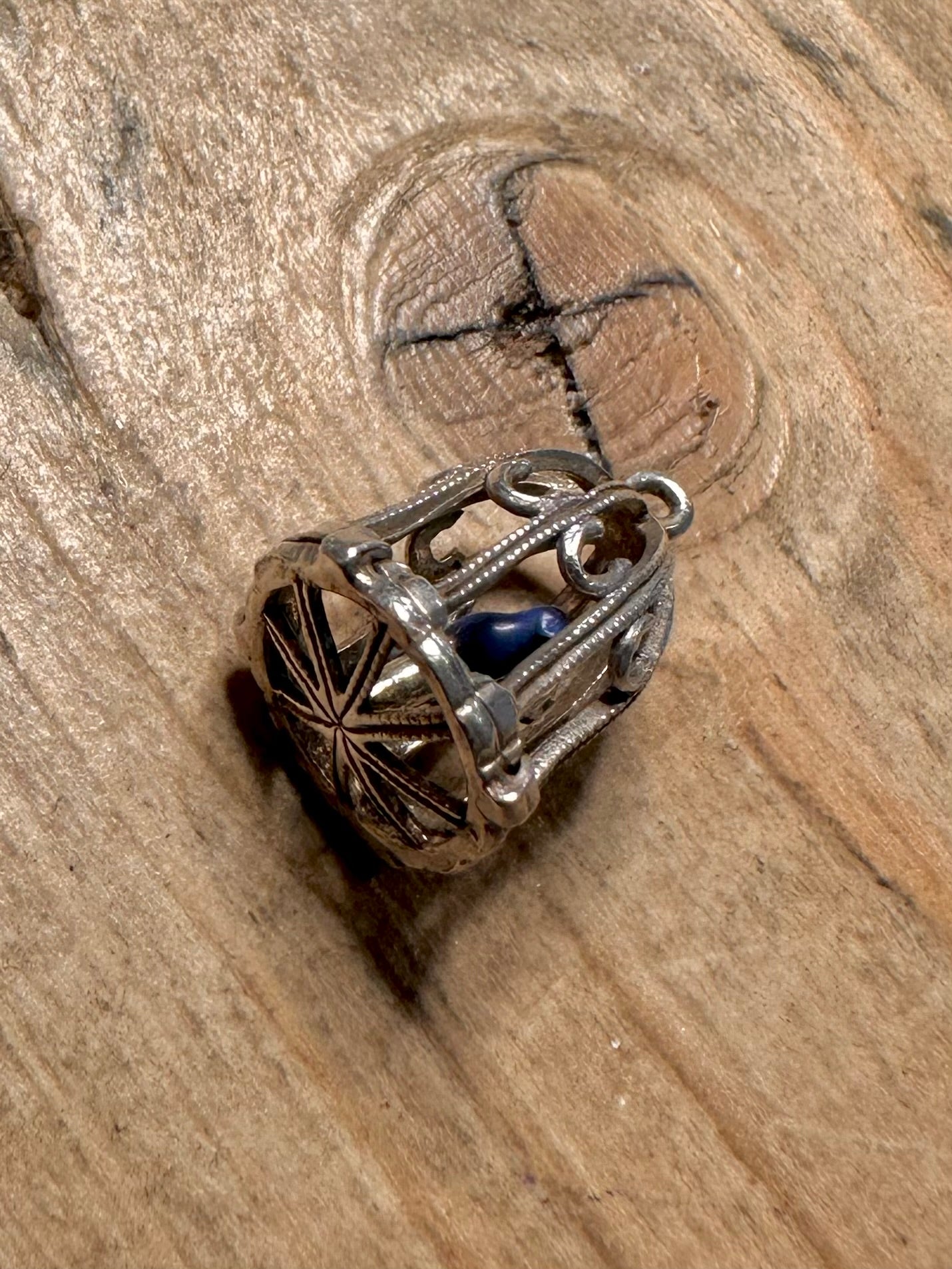 Vintage Enamel Blue Bird in Cage 925 Silver Charm Pendant