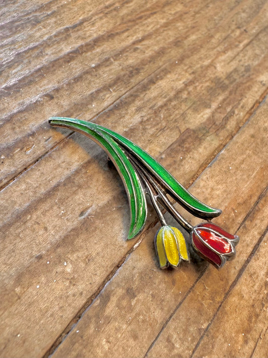 Austrian Enamel Tulip 835 Silver Brooch